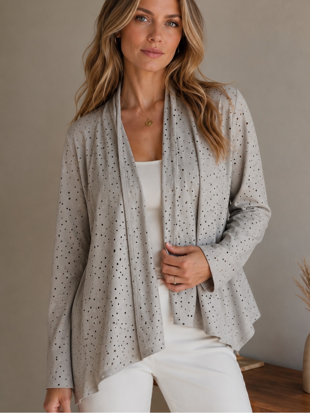 Planet Lauren G $312 Faux Leather Jacket Beige Women M (4-8) Artsy Holey lagenlo